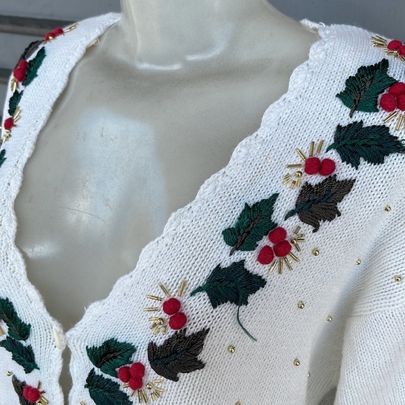 Vintage Dress Barn Beaded Long Sleeve White Christmas Cardigan Sweater Size M - Picture 7 of 8